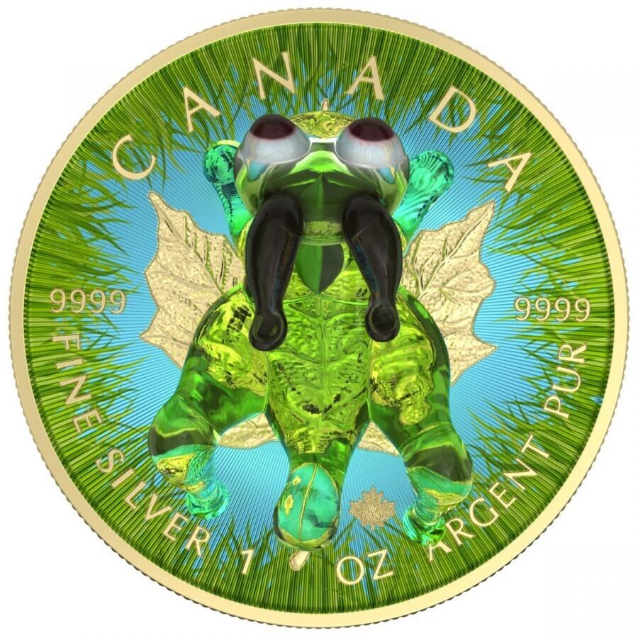 1 Oz Silver Coin 2022 $5 Canada Maple Leaf Murano Glass Series - Grasshopper
