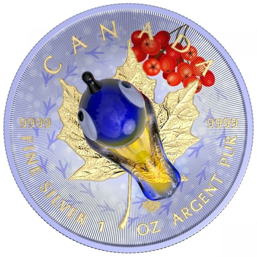 1 Oz Silver Coin 2022 $5 Canada Maple Leaf Murano Glass Series - Tit Bird
